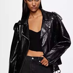 Noisy May Oversized Black Faux Leather Croc Jacket NWOT